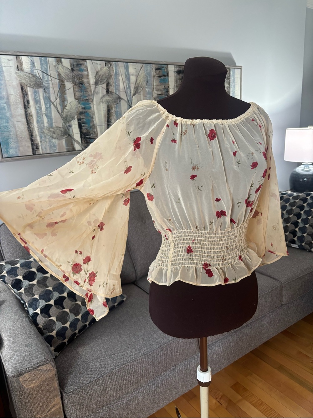 Y2K Cream Floral Blouse with Red Rose Print